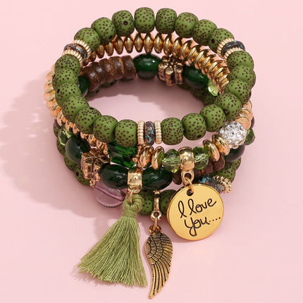 Boho Multilayer Bracelet Set with Turquoise Crystal Tassel and Charms for Women