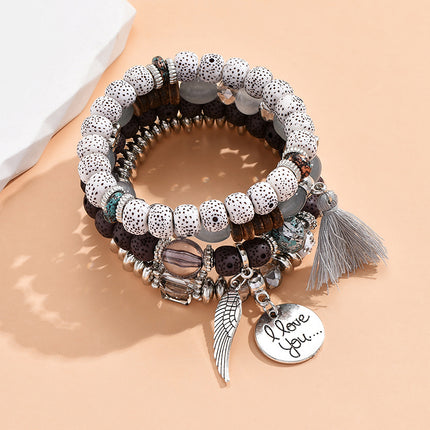 Boho Multilayer Bracelet Set with Turquoise Crystal Tassel and Charms for Women