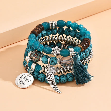 Boho Multilayer Bracelet Set with Turquoise Crystal Tassel and Charms for Women