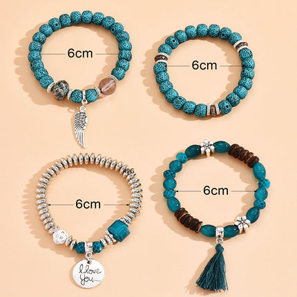 Boho Multilayer Bracelet Set with Turquoise Crystal Tassel and Charms for Women