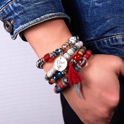 Boho Multilayer Bracelet Set with Turquoise Crystal Tassel and Charms for Women
