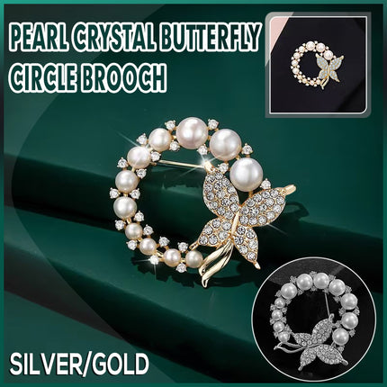 Pearl Butterfly Brooch Pin Round Crystal Wreath Gold Tone Fashion Pin