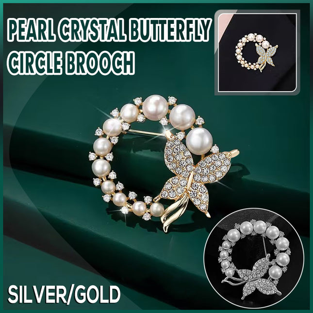 Pearl Butterfly Brooch Pin Round Crystal Wreath Gold Tone Fashion Pin