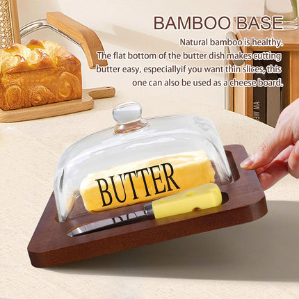 Butter Dish with Glass Lid and Bamboo Base with Built-in Knife