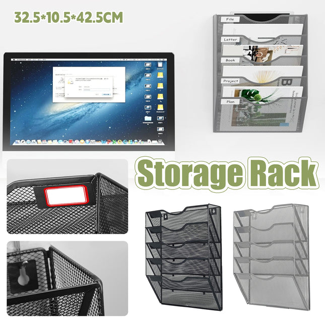 Wall-Mounted 5 Tier Metal File Storage Rack Document Holder Space Saving