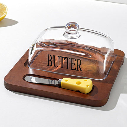 Butter Dish with Glass Lid and Bamboo Base with Built-in Knife