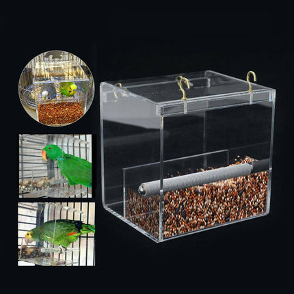 Acrylic No Mess Parrot Feeder Automatic Bird Cage Seed Feeding Box with Perch