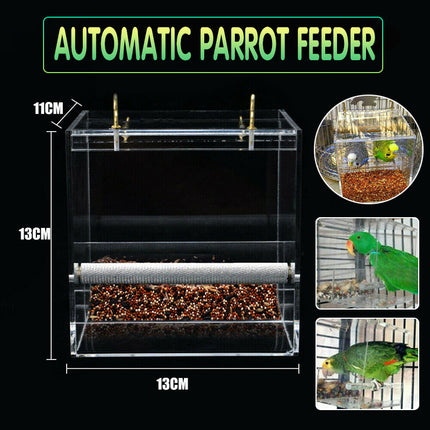 Acrylic No Mess Parrot Feeder Automatic Bird Cage Seed Feeding Box with Perch