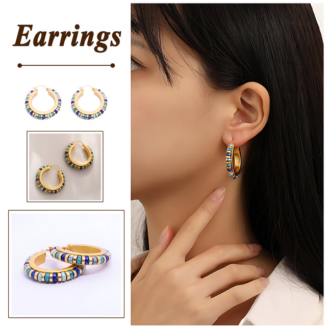 Vintage Turquoise Hoop Earrings Handmade Beaded Brass Drop Earrings for Women