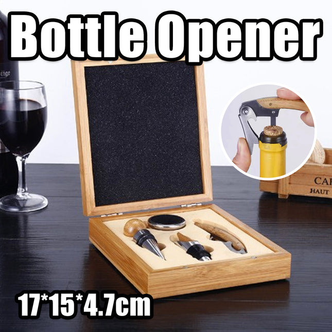 4in1 High-End Bamboo Box Packaged Multi-Functional Stainless Steel Bottle Opener