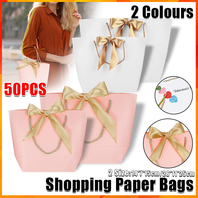 50PCS Goodie Tote Bow Tie Shopping Paper Sacks Resuable Clothing Bag 19X9X20cm
