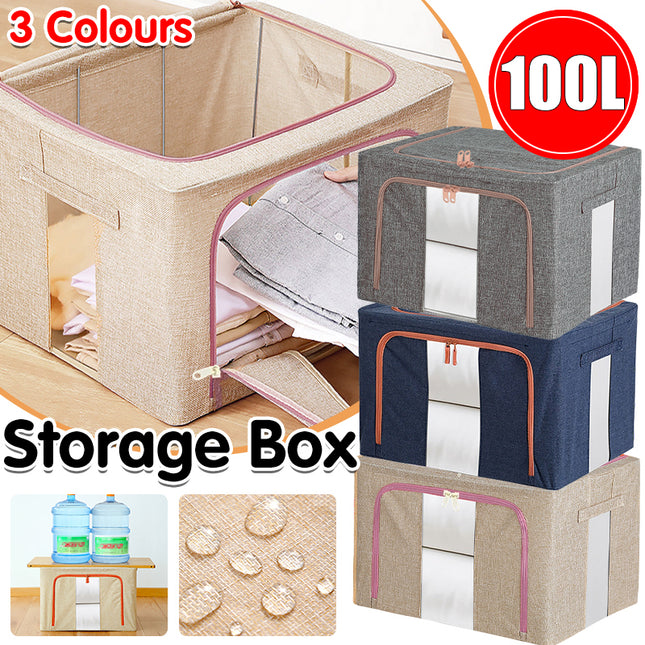 100L Foldable Storage Box Crushed Steel Frame Clothes Quilt Toys Organizer
