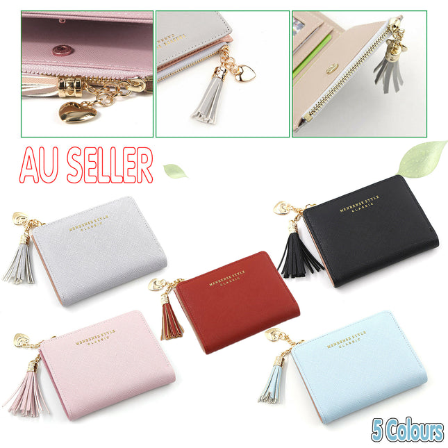 Ladies Short Wallet Small Leather Purse Folding Card Holder Coin Pocket Tassel Design