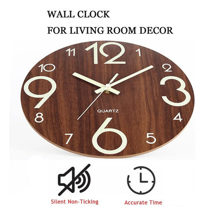 Glow In Dark Wall Clock Luminous Quartz Wooden Non Ticking Home Decor 12inch/30Cm