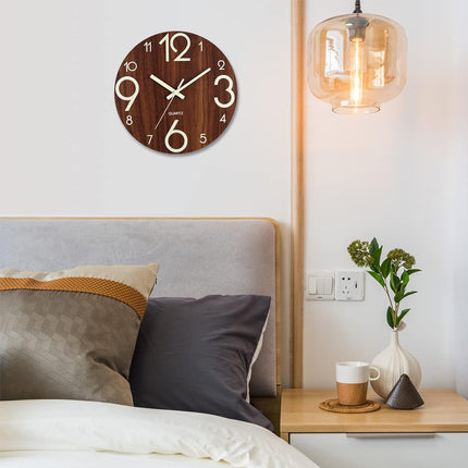 Glow In Dark Wall Clock Luminous Quartz Wooden Non Ticking Home Decor 12inch/30Cm
