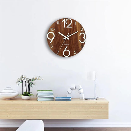 Glow In Dark Wall Clock Luminous Quartz Wooden Non Ticking Home Decor 12inch/30Cm