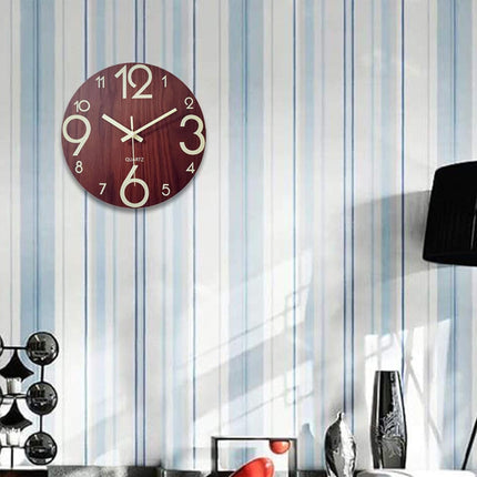 Glow In Dark Wall Clock Luminous Quartz Wooden Non Ticking Home Decor 12inch/30Cm