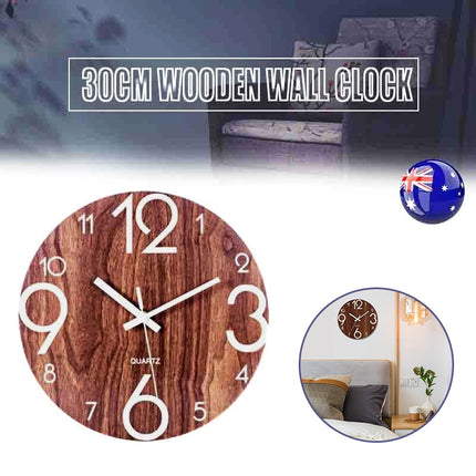 Glow In Dark Wall Clock Luminous Quartz Wooden Non Ticking Home Decor 12inch/30Cm