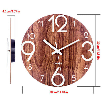 Glow In Dark Wall Clock Luminous Quartz Wooden Non Ticking Home Decor 12inch/30Cm
