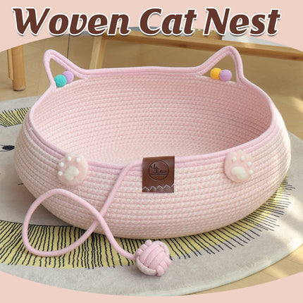 Woven Rattan Cat Bed Nest with Scratching Surface Washable Durable All Season
