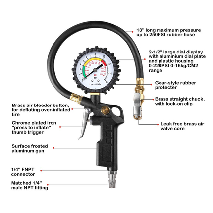 Tyre Pressure Gauge Air Tire Inflator Car Motorcycle Pump Hose Compressor Tool
