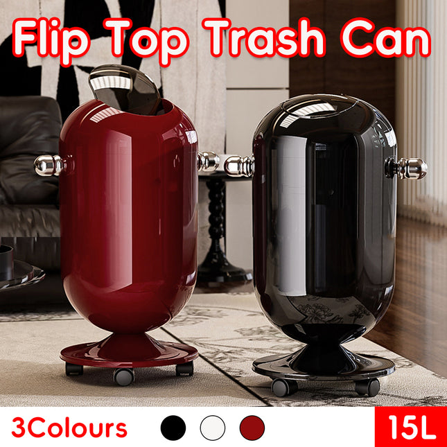 15L Mobile Wheeled Flip-Top Trash Can Waste Bin for Kitchen Bathroom Home Office