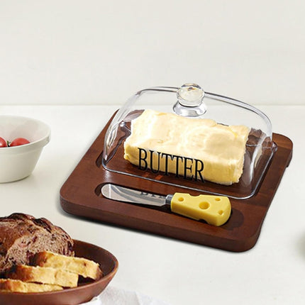 Butter Dish with Glass Lid and Bamboo Base with Built-in Knife