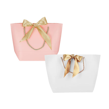 50PCS Paper Gift Bags with Ribbon Bow Handle 19x9x20cm White or Pink
