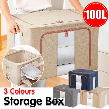 100L Foldable Storage Box Crushed Steel Frame Clothes Quilt Toys Organizer