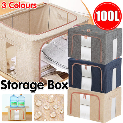 100L Foldable Storage Box Crushed Steel Frame Clothes Quilt Toys Organizer