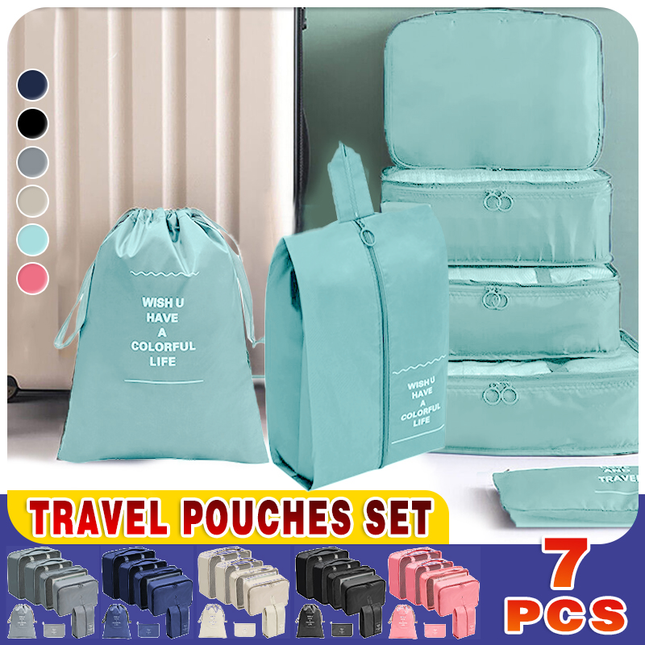 7PCS Travel Packing Cubes Luggage Pouches Organiser Clothes Suitcase Storage Bag