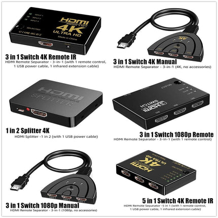 HDMI Switch Splitter 3-in-1 5-in-1 or 1-in-2 1080p 4K Manual or Remote Options