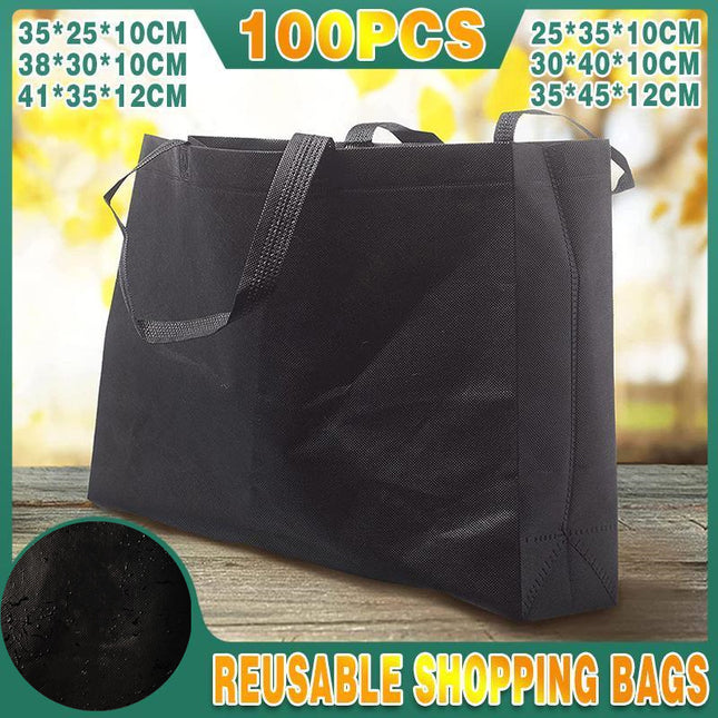 100PCS Reusable Non Woven Shopping Bags Eco Friendly Washable Tote Bags Black