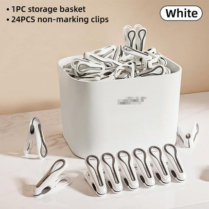 24pcs Clothes Pegs with Storage Basket Laundry Sock Clips Non Slip Drying Hanger