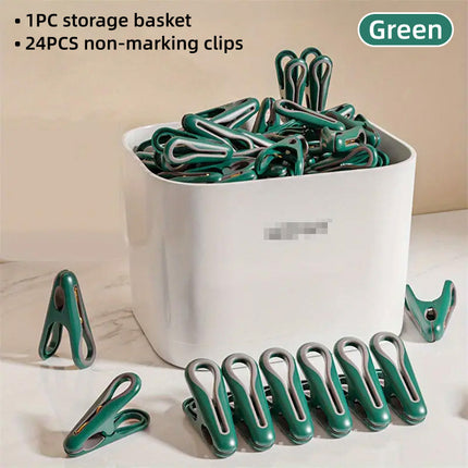 24pcs Clothes Pegs with Storage Basket Laundry Sock Clips Non Slip Drying Hanger