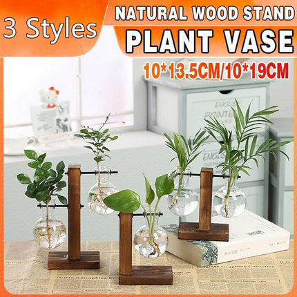 Wooden Stand Glass Flower Vase Hydroponic Hanging Plant Terrarium Container - Aimall