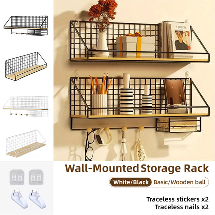 No-Punch Wall Mounted Iron Storage Rack Hanging Shelf for Home Organisation