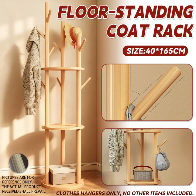 Solid Wood Floor-Standing Coat Rack Hat and Scarf Holder with 9 Hooks Durable