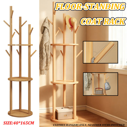 Solid Wood Floor-Standing Coat Rack Hat and Scarf Holder with 9 Hooks Durable