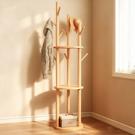 Solid Wood Floor-Standing Coat Rack Hat and Scarf Holder with 9 Hooks Durable
