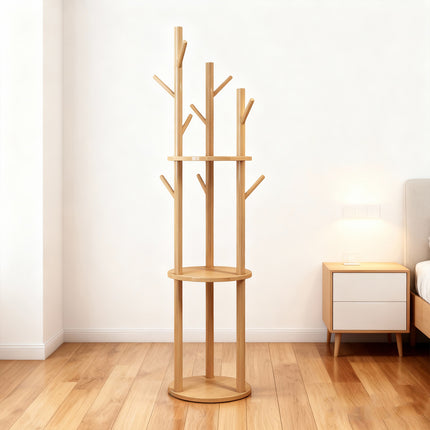 Solid Wood Floor-Standing Coat Rack Hat and Scarf Holder with 9 Hooks Durable