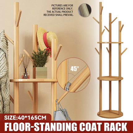 Solid Wood Floor-Standing Coat Rack Hat and Scarf Holder with 9 Hooks Durable