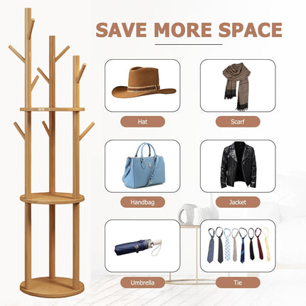 Solid Wood Floor-Standing Coat Rack Hat and Scarf Holder with 9 Hooks Durable