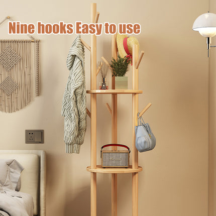 Solid Wood Floor-Standing Coat Rack Hat and Scarf Holder with 9 Hooks Durable