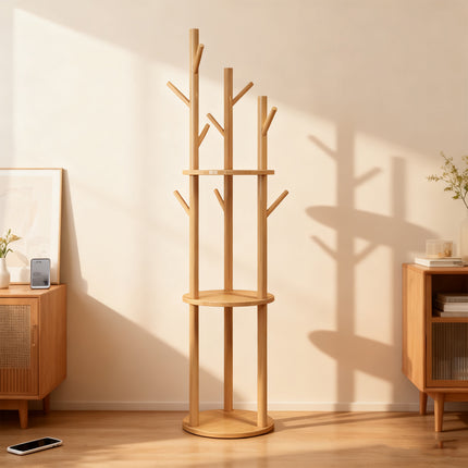 Solid Wood Floor-Standing Coat Rack Hat and Scarf Holder with 9 Hooks Durable