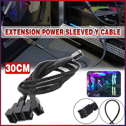 3 Pin Fan Splitter Cable 1 to 4 Ways Extension Power Sleeved Y Cable Case Coolin