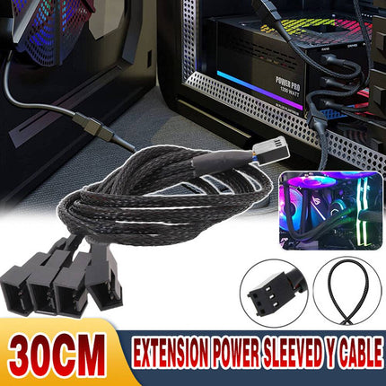 3 Pin Fan Splitter Cable 1 to 4 Ways Extension Power Sleeved Y Cable Case Coolin