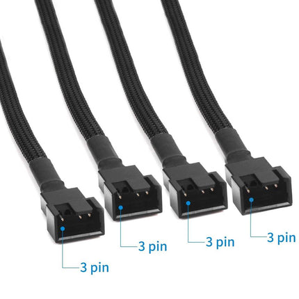 3 Pin Fan Splitter Cable 1 to 4 Ways Extension Power Sleeved Y Cable Case Coolin