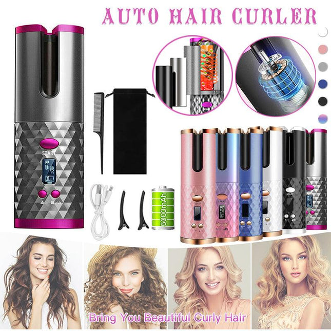 Lcd Cordless Auto Rotating Hair Curler Hair Waver Curling Iron Wireless Ceramic - Aimall