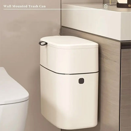 Wall Mounted Hanging Waste Bin with Lid Household Cabinet Trash Can Cream White